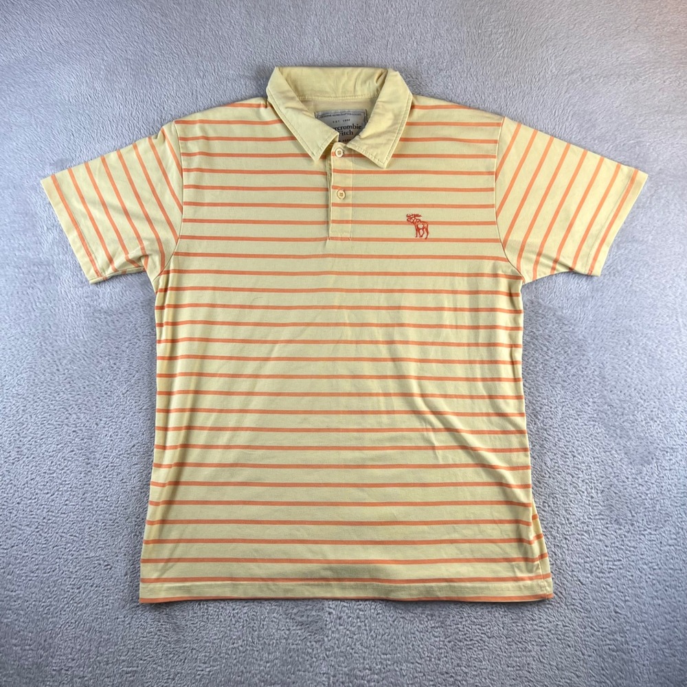 Abercrombie & Fitch Mens XL Polo Shirt Yellow Orange Striped Short Sleeve Moose